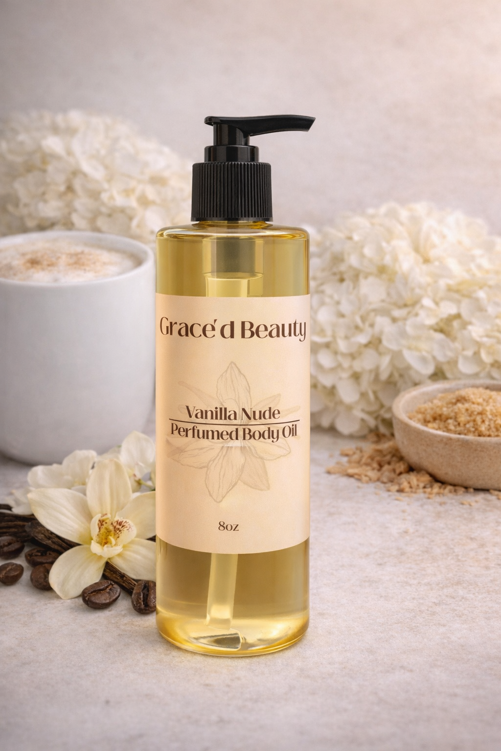 Grace’d Beauty Vanilla Nude perfumed body oil with vanilla flowers